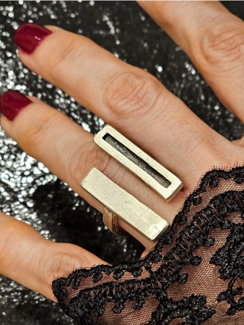 Silver Brutalist Double Lines Ring, Modernist Abstract Ring